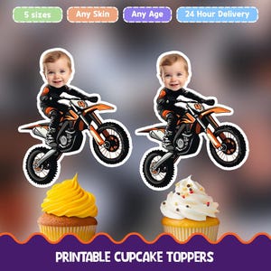 May include: Printable cupcake toppers featuring a cartoon image of a child riding a dirt bike. The toppers are printed on white cardstock and are perfect for a motocross themed birthday party.