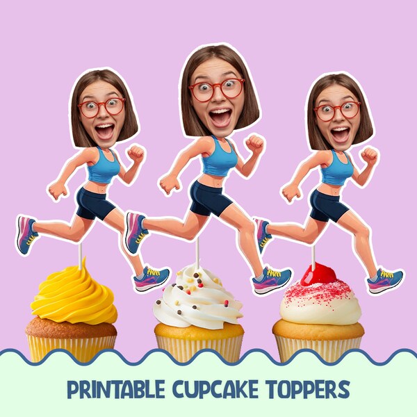 Personalized Marathon Runner girl face cupcake toppers - Digital Printable cupcake toppers for birthday party