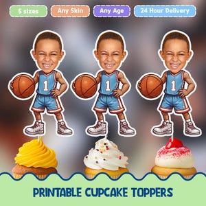 Toppers per cupcake con volto personalizzato Giocatore di basket - Toppers per cupcake stampabili in digitale per decorazioni di compleanno
