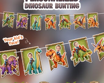 Dinosaur Personalized Party bunting - 6 feet long custom face banner, Photo Garland