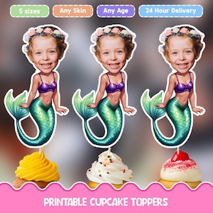 Adornos para cupcakes con caras personalizadas de sirena