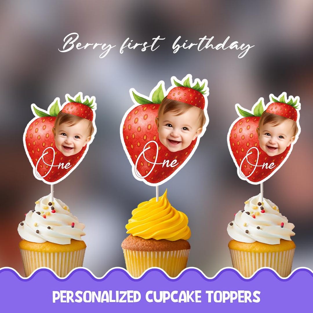 Berry First Birthday Strawberry Personalized Cupcake Toppers - Physical ...