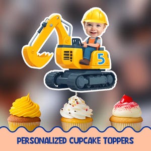 May include: Yellow and black toy excavator cupcake topper with a child wearing a yellow hard hat and a blue shirt. The excavator has a number 5 on the side.  Personalized cupcake toppers.