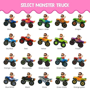 May include: A digital chart titled SELECT MONSTER TRUCK displaying twenty illustrations of cartoon characters driving various monster trucks. Each truck features unique color schemes, flame decals, and large tires, labeled with names like Blue, Pink, Neon plus blue, Orange, Dragon, Sky Blue, Red, Yellow, Green, Purple, Orange plus blue, Blue purple, Green purple, Green blue, Red blue, Blue white, Black, Shark, Green shark, and Orange green.