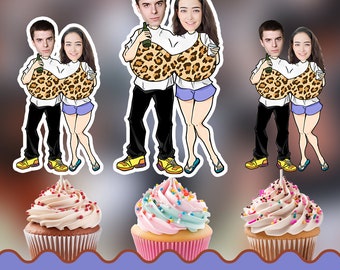 Adornos para cupcakes con caras personalizadas de pareja de adultos divertidos