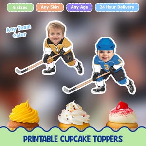 Toppers per cupcake con volto personalizzato a forma di giocatore di hockey su ghiaccio