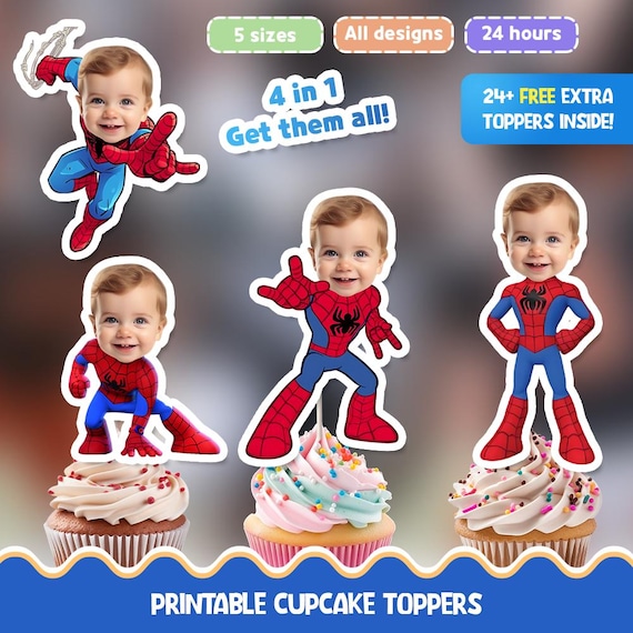 Spidey Personalized face cupcake toppers - Digital download