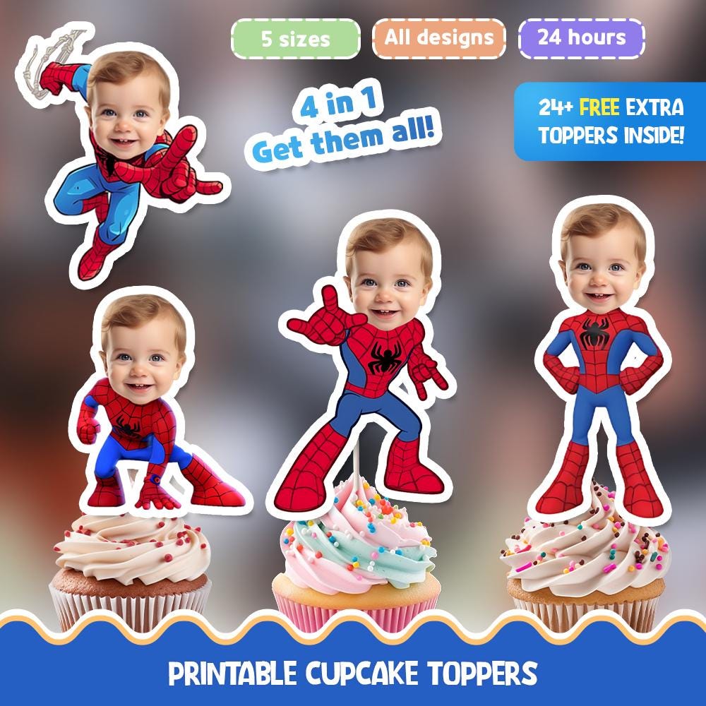 Spidey Personalized face cupcake toppers - Digital download