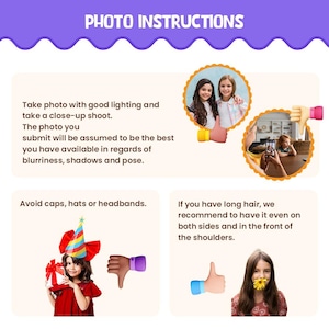 May include: Photo instructions for taking a good photo for a product listing. The instructions include taking a close-up shot with good lighting, avoiding hats and headbands, and styling long hair. The image shows examples of good and bad photos.
