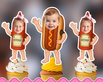 Personliga muffinsdekorationer med varmkorv och ketchup - Digital nedladdning