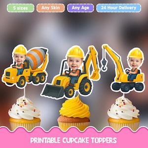 Könnte beinhalten: Cupcake-Topper mit einem Kind in einem Baufahrzeug, darunter ein Betonmischer, ein Traktor und ein Bagger. Die Topper sind gelb und orange, mit einem Cupcake darunter. Der Text "Printable Cupcake Toppers" steht unten.
