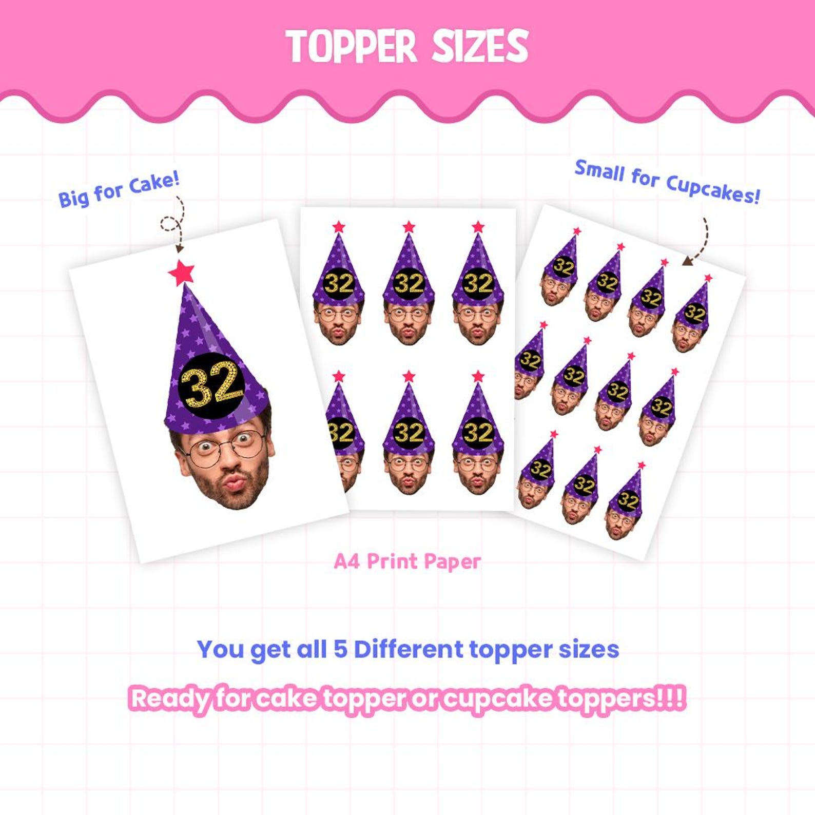Custom Party Hat on Face Cupcake Toppers - Personalized Digital ...