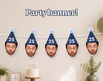 May include: A party banner featuring five identical cutouts of a person's face wearing a dark blue party hat with white stars and the number 25. The banner is strung on a white cord. The text Party banner! is printed above the cutouts.