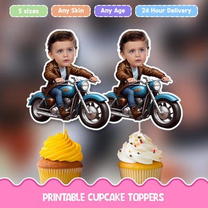 Biker boy Personalized face cupcake toppers - Digital Printable cupcake toppers for birthday decor