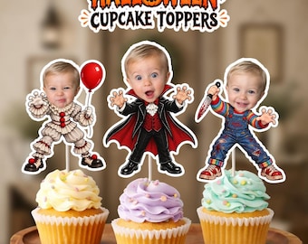 May include: Three Halloween cupcake toppers featuring a child's face on cartoon bodies: a clown with a red balloon, a vampire in a black and red cape, and a doll in blue overalls holding a knife. The text HALLOWEEN CUPCAKE TOPPERS is at the top.