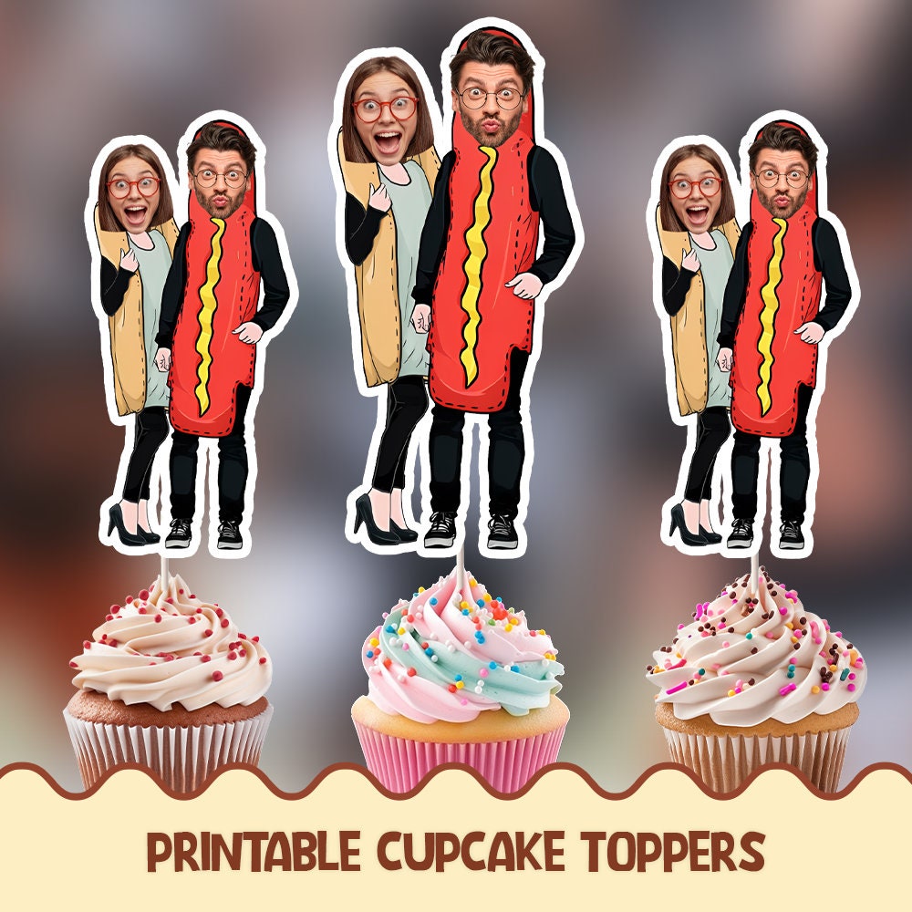 ホットドッグカップルの面白いパーソナライズされた顔のカップケーキトッパー