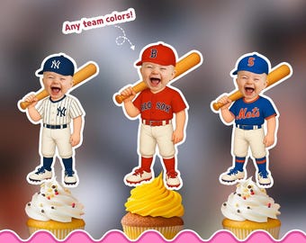 May include: Three printable cupcake toppers featuring cartoon babies in baseball uniforms with bats. The text includes 5 sizes, Any Skin, Any Age, 24 Hour Delivery, Any team colors, and PRINTABLE CUPCAKE TOPPERS. The babies wear Yankees, Red Sox, and Mets gear.