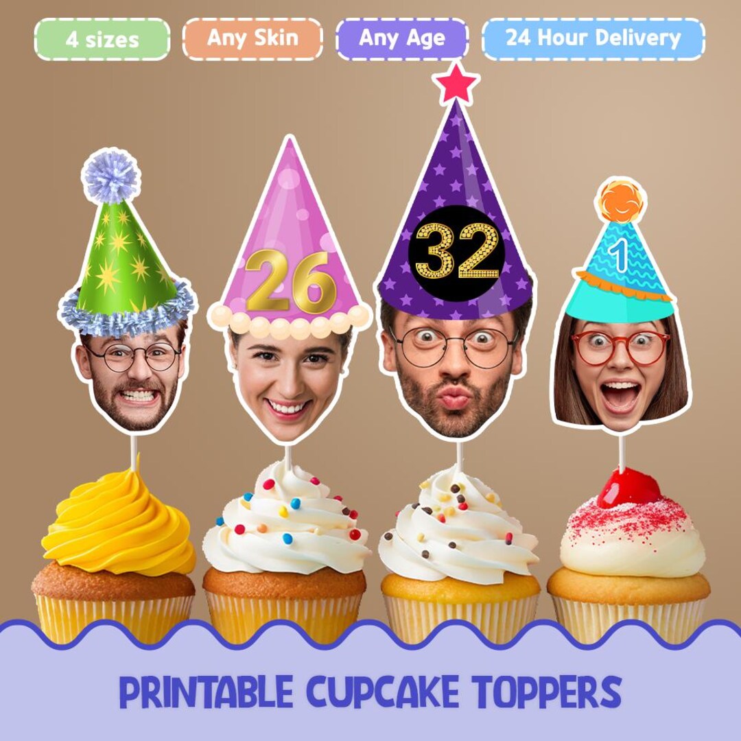 Custom Party Hat on Face Cupcake Toppers - Personalized Digital ...
