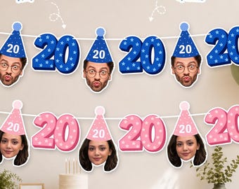 May include: A custom party banner featuring cutouts of faces wearing blue or pink party hats with the number 20, interspersed with the number 20 in blue or pink. Text on the image includes Any age and Different color options.