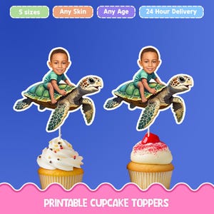Turtle ride Personalized face cupcake toppers - Digital Printable cupcake toppers for birthday decor