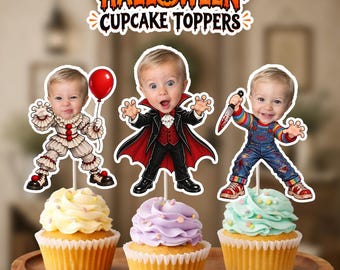 May include: Three Halloween cupcake toppers featuring a child's face on cartoon bodies: a clown with a red balloon, a vampire in a black and red cape, and a doll in blue overalls holding a knife. The text HALLOWEEN CUPCAKE TOPPERS is at the top.