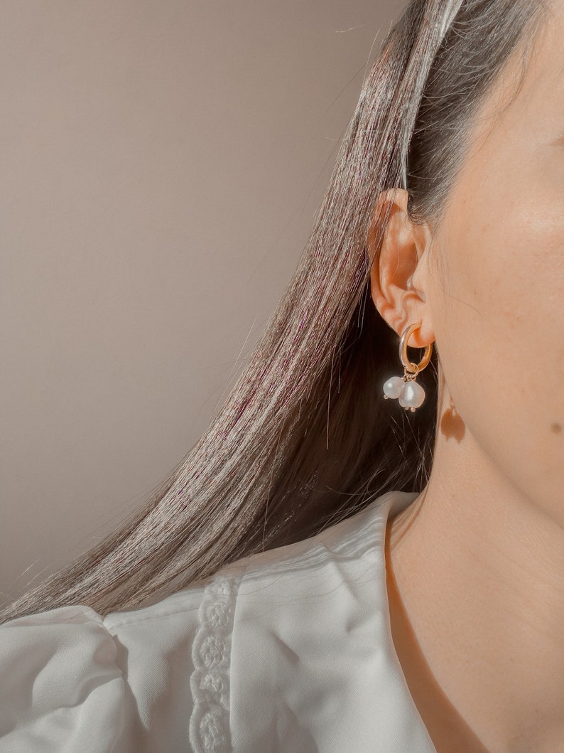 Hypoallergenic Hoop Earrings with pearls, Wedding Pearl Jewelry, Elegant Pearl Hoop Earrings for Women, Handmade Stainless Steel Earrings image 1