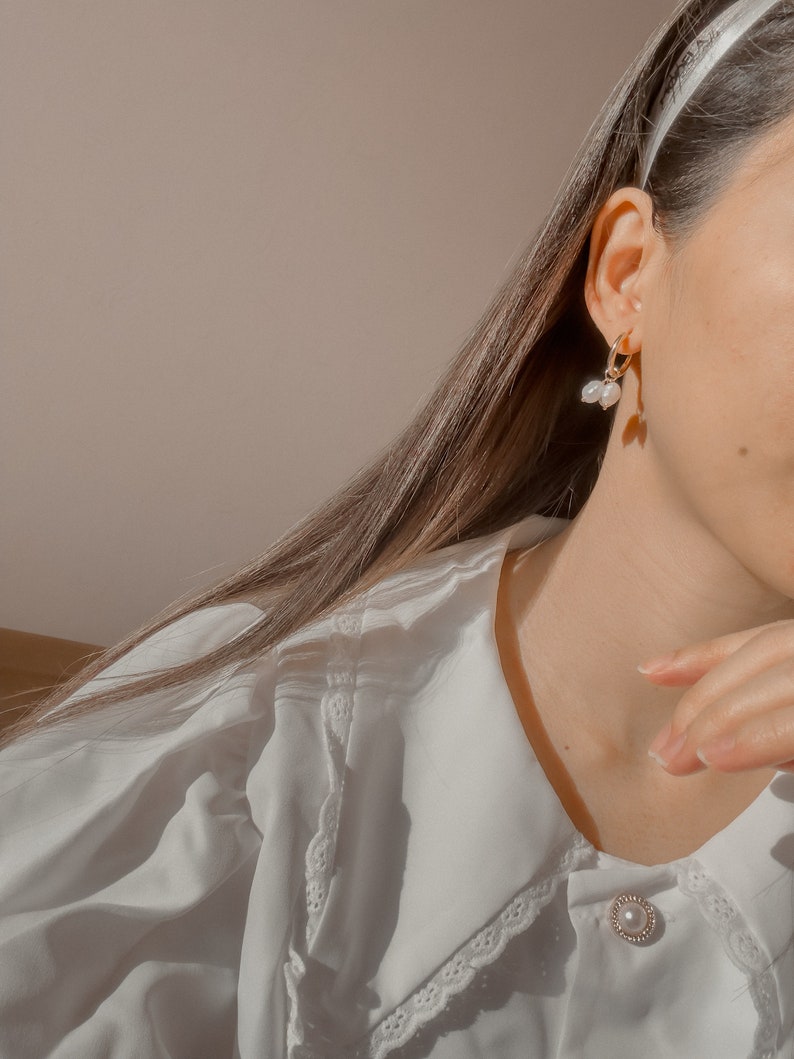 Hypoallergenic Hoop Earrings with pearls, Wedding Pearl Jewelry, Elegant Pearl Hoop Earrings for Women, Handmade Stainless Steel Earrings image 8