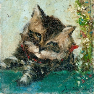 May include: A close-up painting of a cat with brown and white fur. The cat is looking down with its eyes closed. The cat is painted on a green background with a few red flowers.