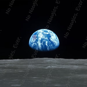 May include: A photograph taken from the moon's surface showing a blue and green Earth in the distance against a black sky.