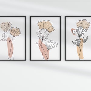 Floral Line Art Set of 3, Digital Flower Line Art, Botanical Line Art for Aesthetic Room Decor, Flower Wall Art, Housewarming Gift