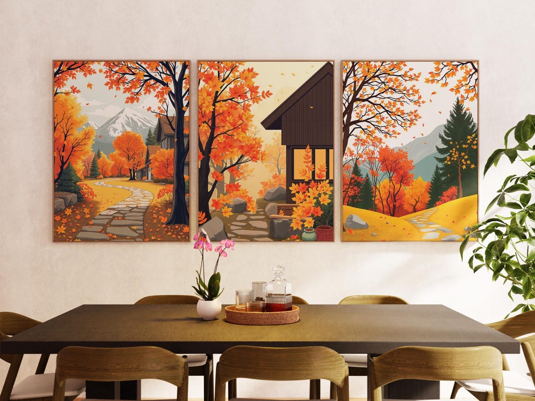 Autumn Pathway Triptych - Fall Forest Wall Art Set, Rustic Fall Home ...