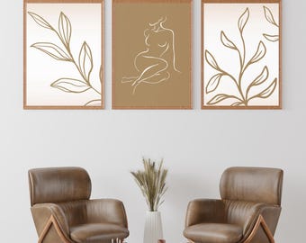 Boho Line Art Set of 3 Prints, Minimalist Woman Line Art Wall Decor, Neutral Botanical Wall Art, Printable Gallery Wall Set