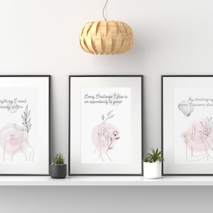 Set de láminas con arte lineal feminista, decoración para el amor propio (descarga digital)