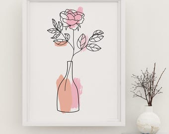 Floral Line Art Print, Minimalist Rose in Vase (Digital Download)