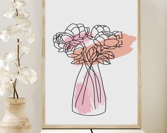 Floral Line Art Print, Minimalist Flower Vase, Boho Home Decor (Digital Download)