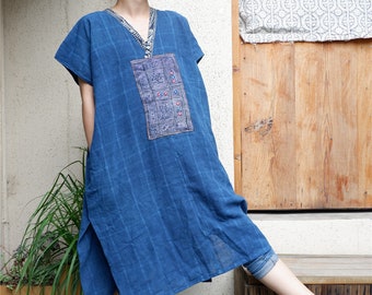 Handwoven Indigo Batik & Patchwork Dress | Embroidered Cotton-Linen Robe | Ethnic Folk Art Maxi