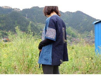 Handwoven Indigo Batik Patchwork Kimono Jacket: Cross-Front Tie Coat with Embroidery  Appliqué