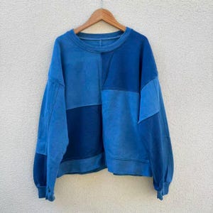 Hand-Dyed Indigo Patchwork Sweatshirt & Botanical Print Hoodie Set, Cotton Pullover, Artisan Made