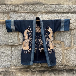 Vintage japansk broderad jacka i Sukajan-stil, Dragon Noragi-kappa, indigofärgad Sashiko-folkklädsel