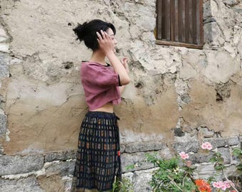 Vintage Thai Silk Brocade Set, Rose Pink Top & Indigo Gold Skirt, Kengtung Textile, OOAK