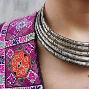 ChangStudio Handmade Traditional Tribe Silver Collar/Chinese Ethnic Handcraft Miao Silver Double Fish Necklet/ Unique Gift for Female 手刻苗银项圈