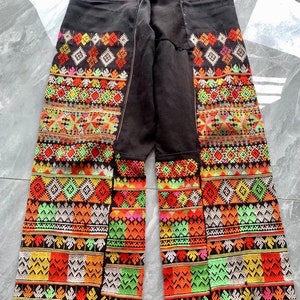 Changstudio Vintage Chinese Minority Miao Tribe Hmong Embroidered Hand Woven Thick Fabric Big dang Splicing Pant