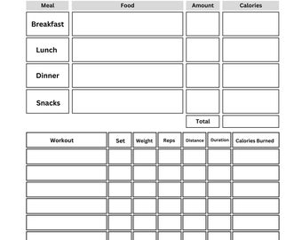 May include: A printable daily workout log with sections for goal setting, notes, water intake, mood, meal, food, amount, calories, workout, set, weight, reps, distance, duration, and calories burned.