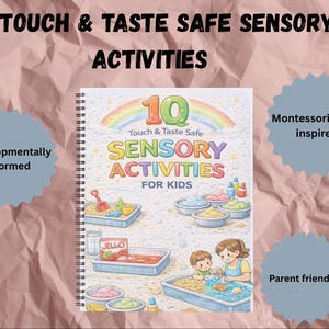 Puede incluir: Un libro encuadernado en espiral titulado "10 Actividades Sensoriales Seguras al Tacto y al Gusto para Niños" con un arcoíris e ilustraciones coloridas. La portada presenta actividades de juego sensorial. El texto incluye "Montessori + ABA inspirado".