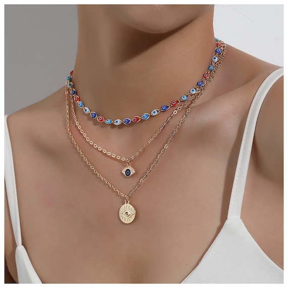 Turkish Evil Eye Minimalist Layered Necklace Boho Multi Layered