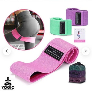 May include: Pink, green, and purple hip resistance bands are displayed, with a close-up of a person using a pink band. The bands have labels that read "Hip Resistance Band" and are labeled "Light", "Medium", and "Heavy". A small bag contains the bands.