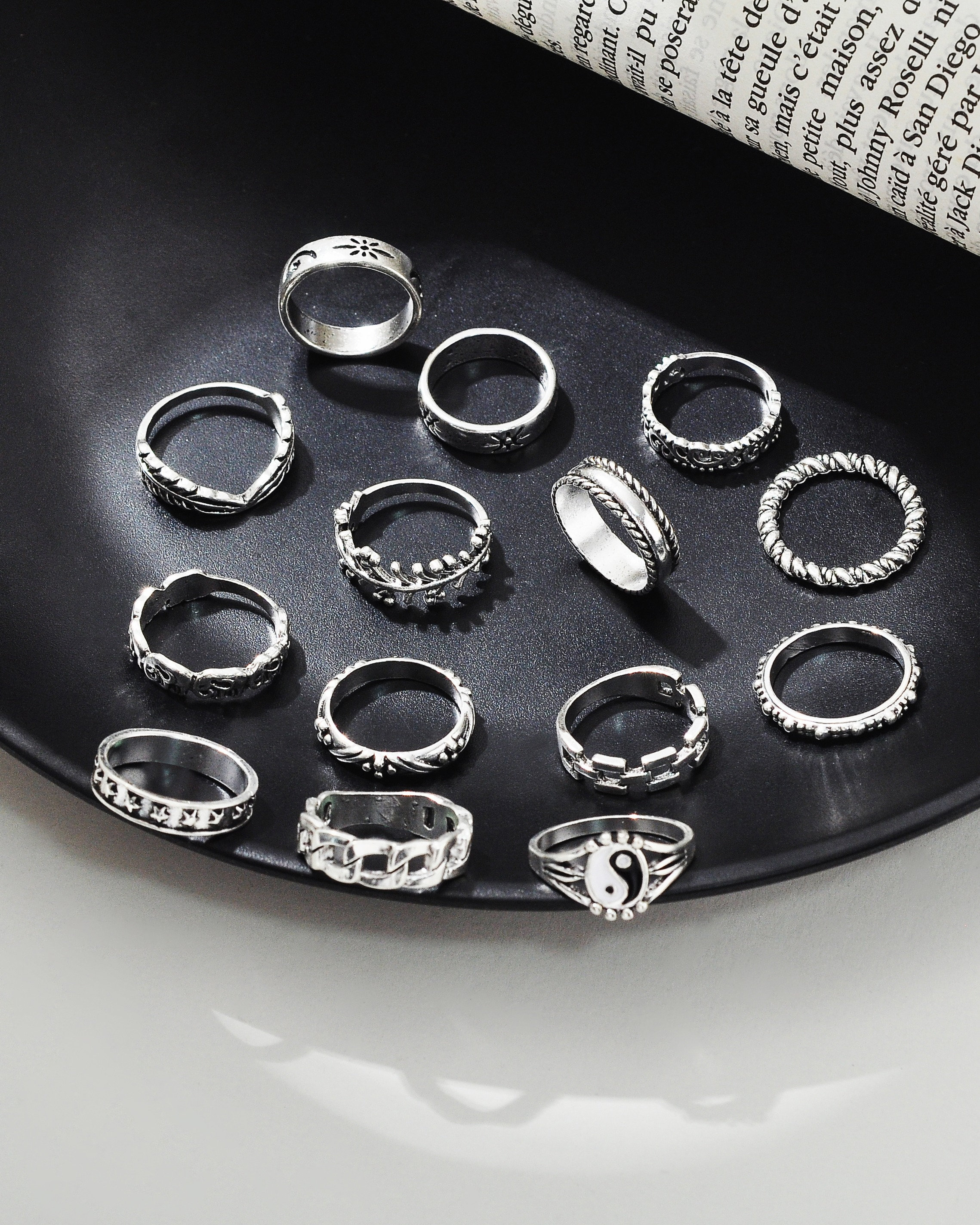 14 PCS Stackable Silver Ring Set, Ying Yang Ring, Vintage