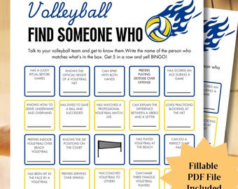 Volleyball Find Someone Who, Volleyball Team Building Games, Volleyball Party Mix And Mingle Bingo, Sports Themed Party Team Party Games
