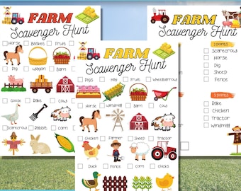 Op de afbeelding: Een printbaar boerderij-speurtocht-spel met drie pagina's. Het spel bevat een checklist met boerderijdieren, voorwerpen en activiteiten om te vinden. De checklist bevat items zoals een paard, een varken, een koe, een tractor, een windmolen en meer. Het spel is ontworpen voor kinderen om te spelen en te leren over het leven op de boerderij.