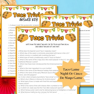 Taco Trivia Taco Party Games, Cinco De Mayo Games Taco Game Night, Fiesta Activity Mexican Party Games, Taco Baby Shower Food Trivia Games